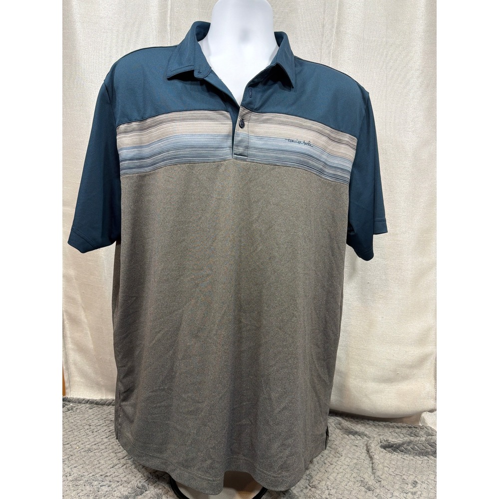 TravisMathew Mens XL Polo Shirt Blue Gray Colorblock Striped Short Sleeve Golf